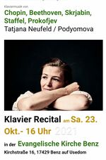 Tatjana Podyomova - Klavier Recital - 23.10.21 -Achtung! Neuer Veranstaltungsort: Herrenhaus Libnow - 16:00 Uhr